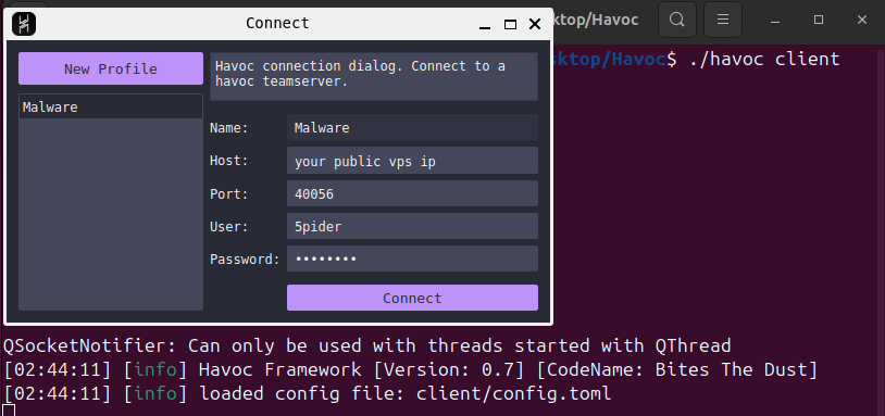 Connect to team server